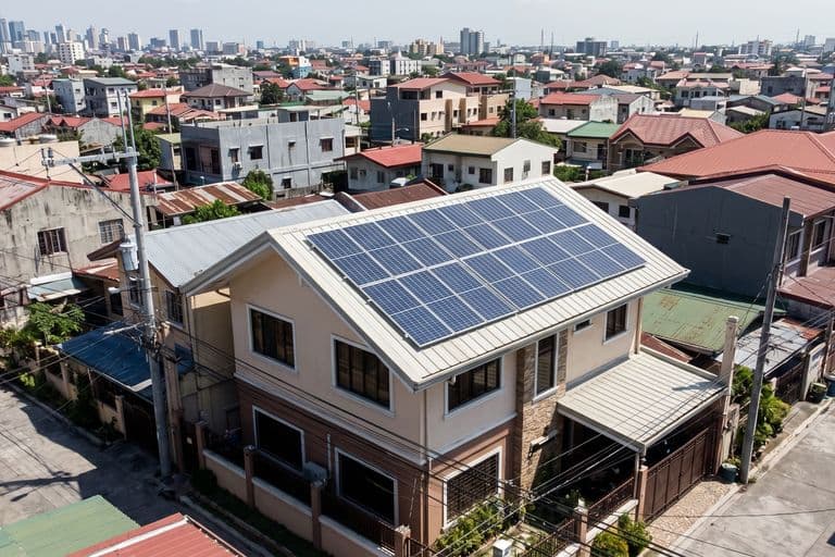 Philippine household rooftop with grid-tied solar panels.